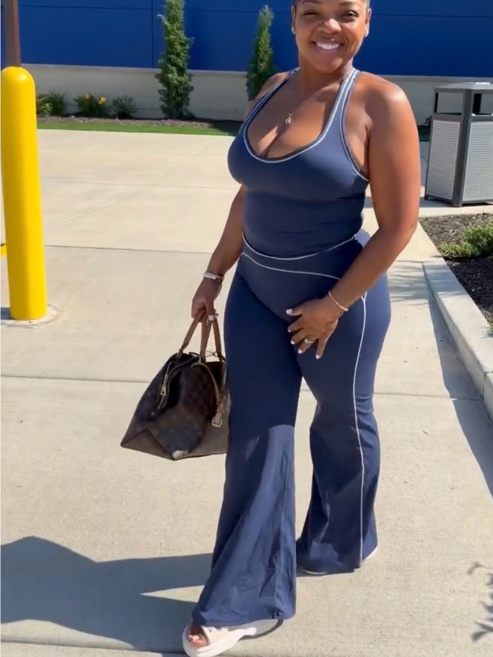 Navy Tank Pants Suit with White Contrast Piping